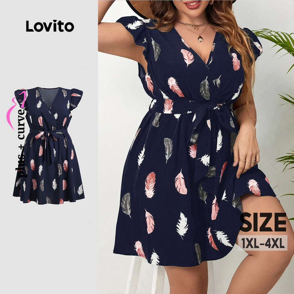 Lovito Vestido Plus Size Curva Boho Pena Babado Com Cinto Para Mulheres LBL24582 - Women Clothes