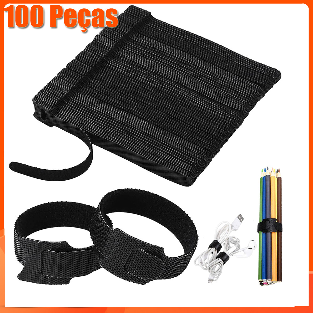 100 Peças  Organizador de Cabos Fios Fita Abraçadeira Velcro Preto Informática Flexível 150mm x 12mm preta