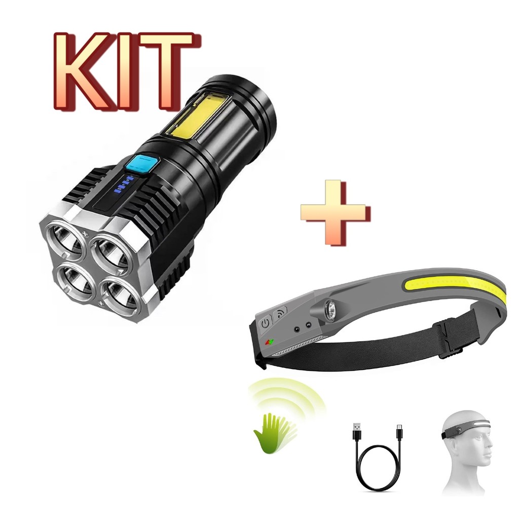 KIT de Lanterna Tatica Recarregavel com Lanterna de Cabeça Led Corpo Motion Camping