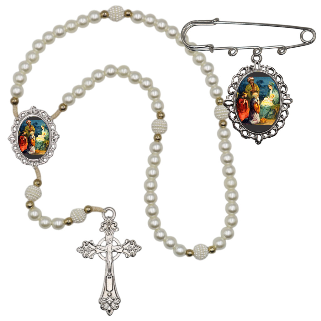 Terço Luxo com Relicario Alfinete Tres Reis Magos Relicario Resinado Oraçao Casamento Especial