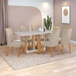 Conjunto Sala de Jantar Mesa Easy Pop 170x90cm Tampo Vidro/MDF 6Cad Confort Veludo Creme Amendoa/off