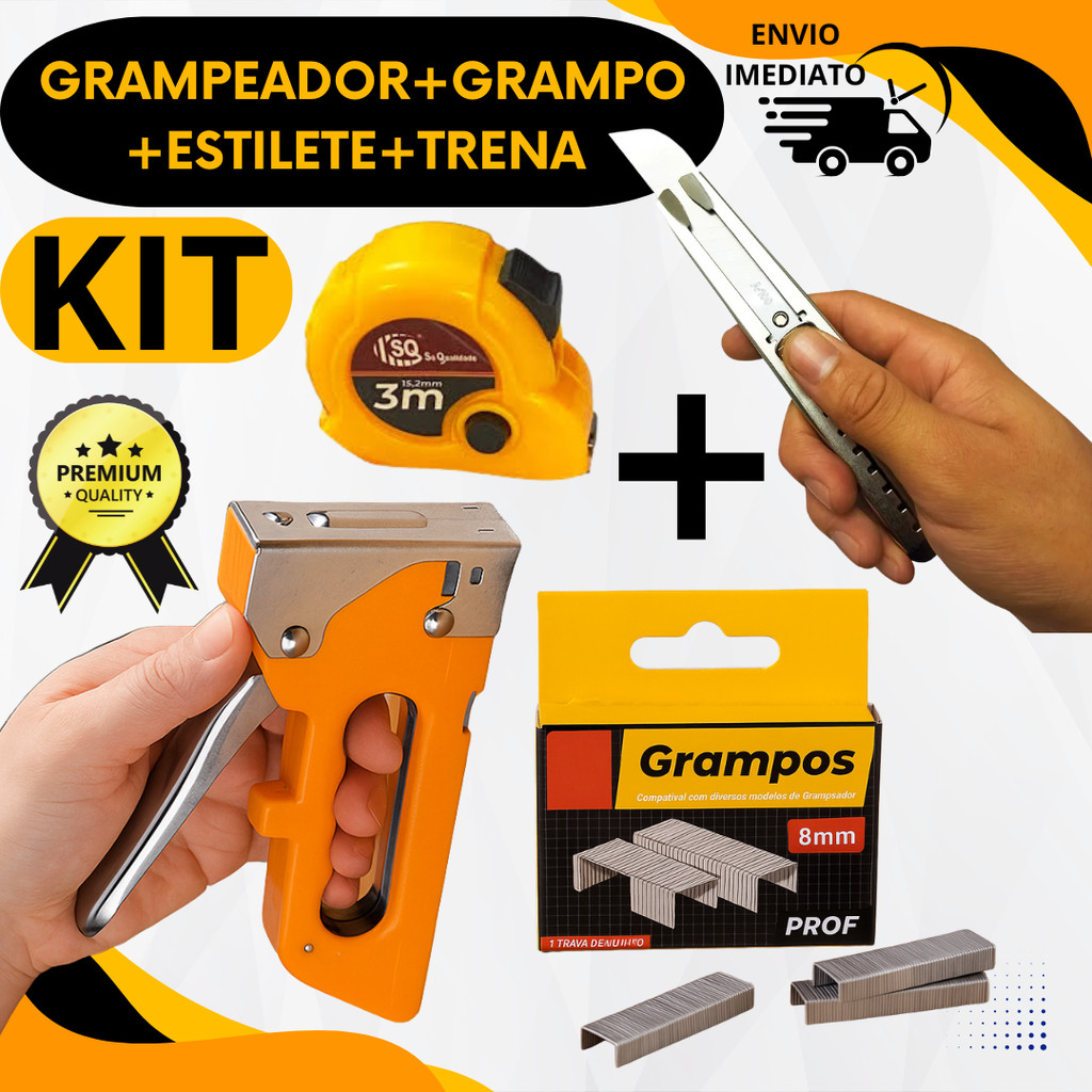 Grampeador Tapeceiro Grampos 8mm Estilete Trena Fixar Tecidos