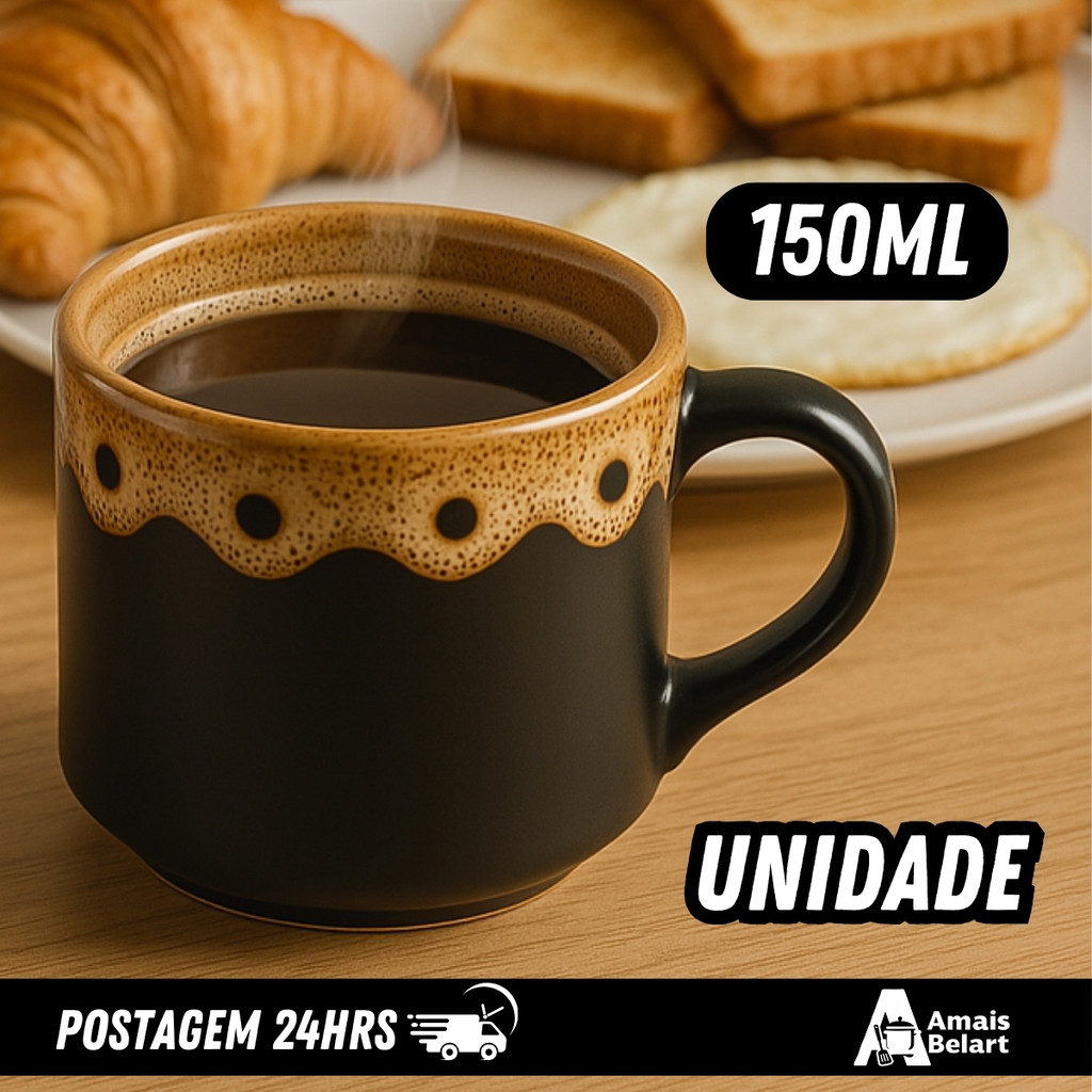 Xícara de Porcelana 150 ml – Café e Chá, Preta com Borda Marrom – Estilo Artesanal e Moderno