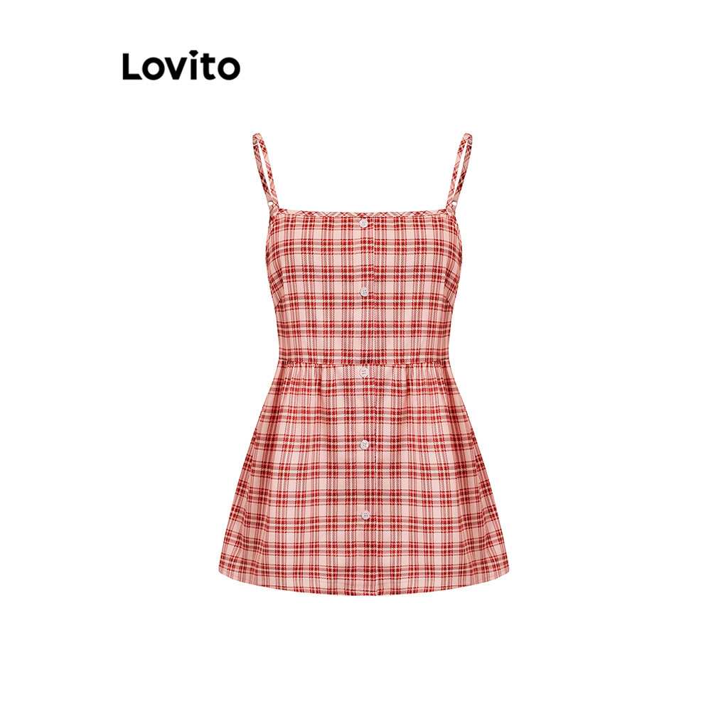 (Trendy) Lovito Regata Casual De Verão Com Botão Guingão Frontal Para Mulheres L105MD041 em Oferta na Shopee