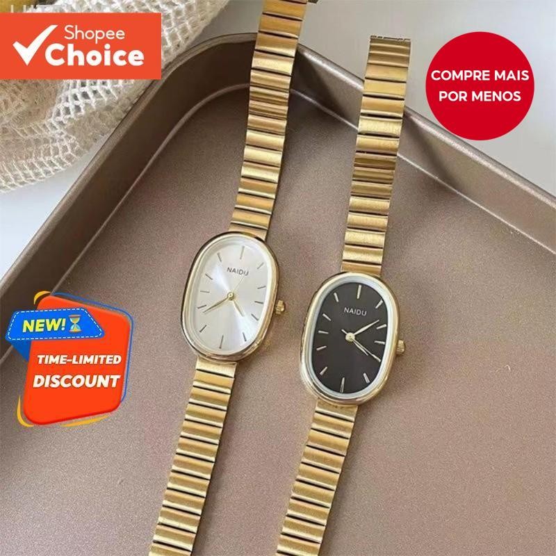 Relógio De Quartzo Feminino Com Pulseira De Bambu Mostrador Oval-Design Luxuoso De Aço Ino...