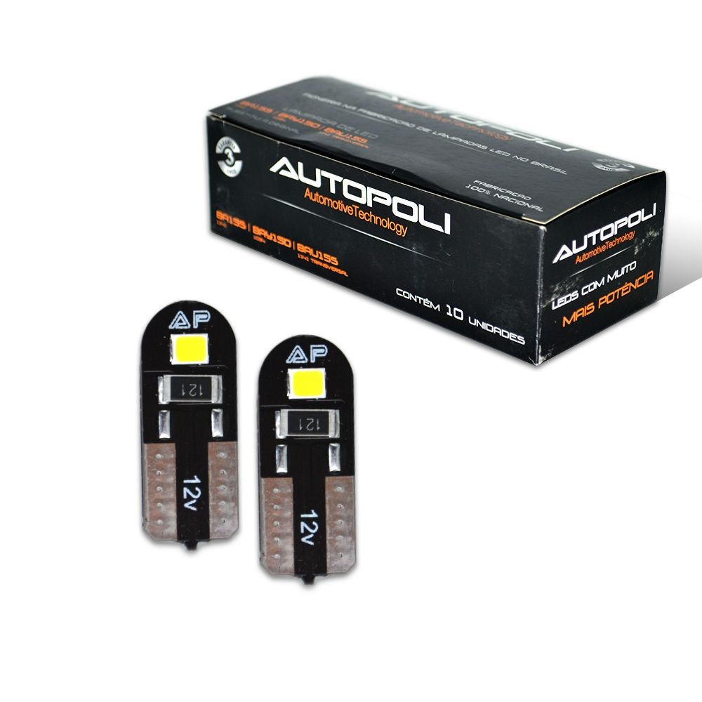 Lampada LED Encaixe T10 2W 12V 2 LEDs Branca Autopoli Esmagada Par em Oferta na Shopee