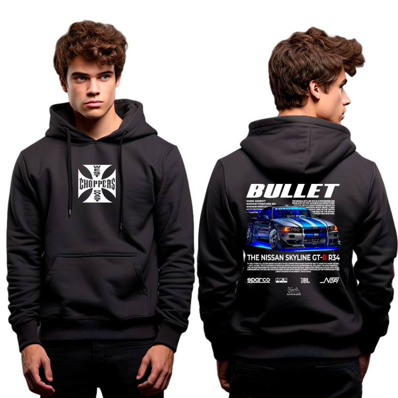 Moletom Canguru Unissex Choppers Paul Walker Bullet Skyline GT-R R34 Lançamento