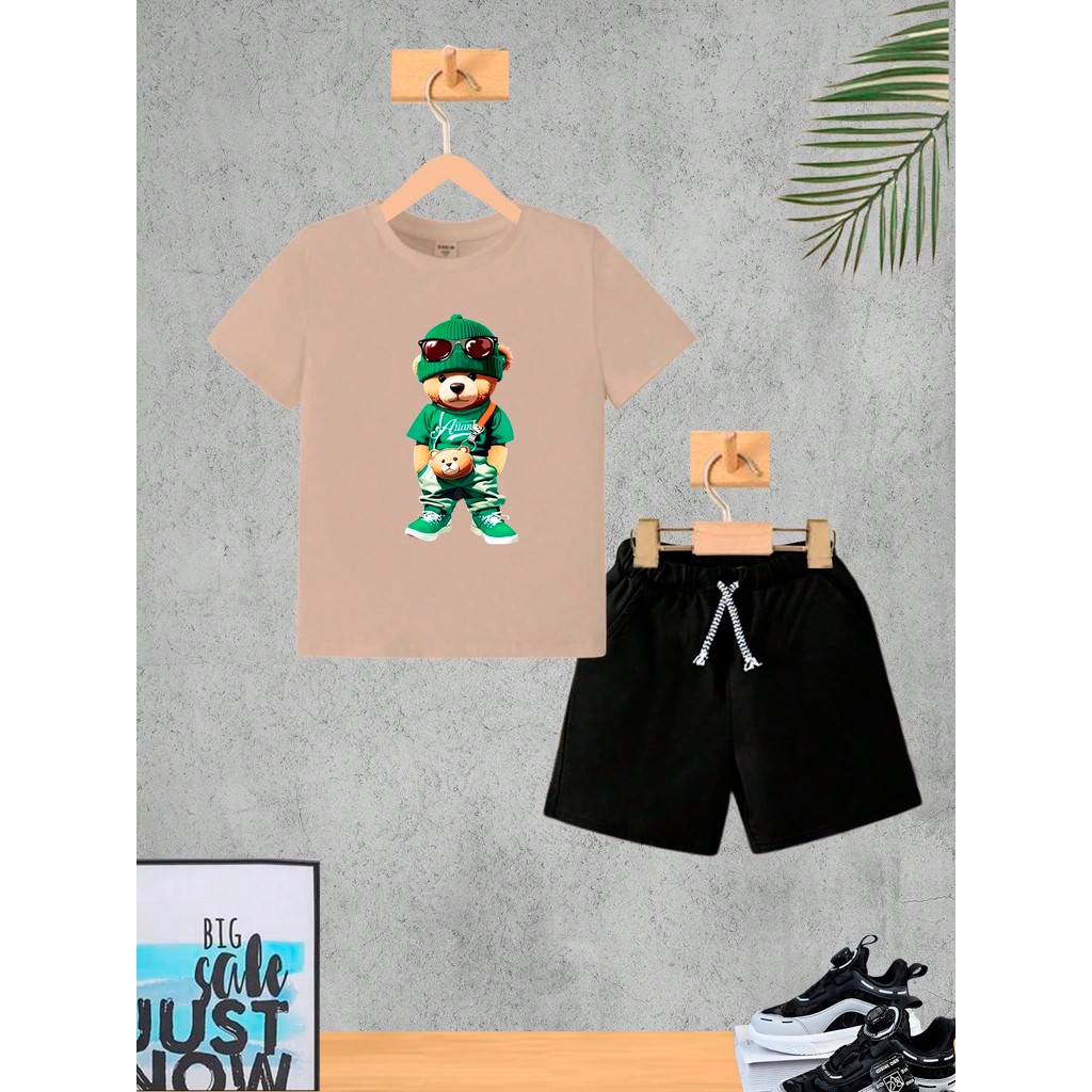 Conjunto Infantil Menino Urso Verde Camiseta e Bermuda Roupa Criança Masculino Verão