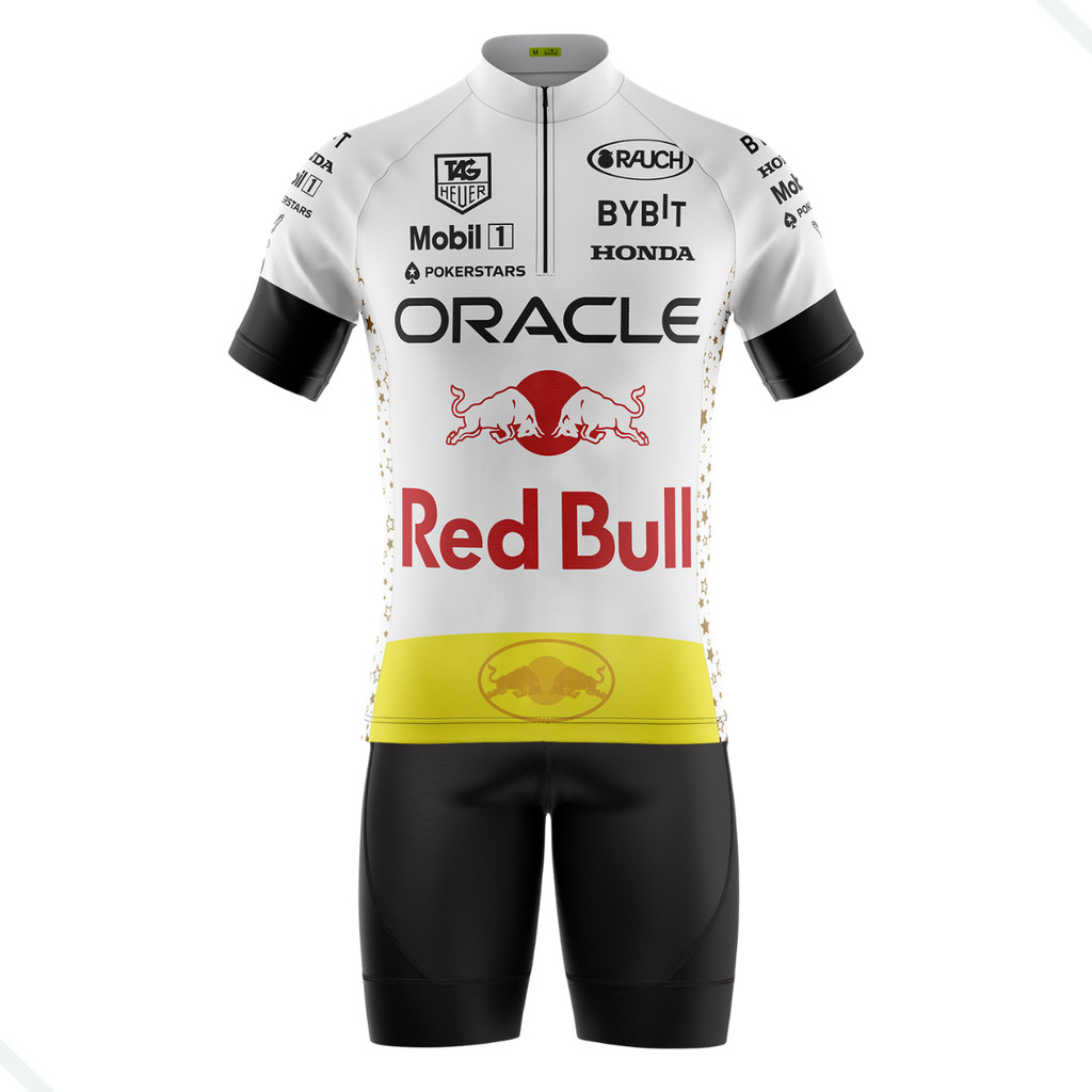 CONJUNTO CICLISMO MASCULINO BERMUDA E CAMISA RED BULL BRANCA COM BOLSOS UV 50+