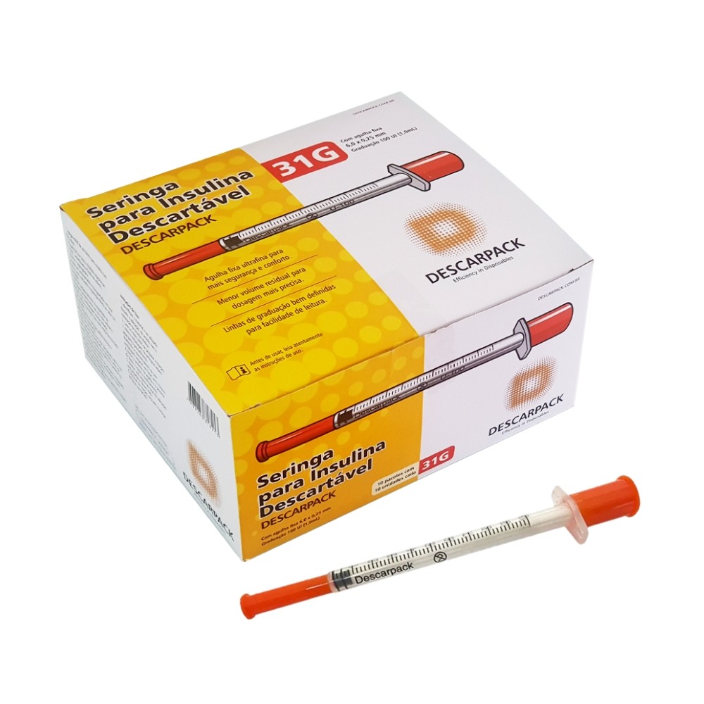 Seringa Para Insulina 0,5ml c/ Agulha 6x0,25mm Cx C/ 100 - Descarpack
