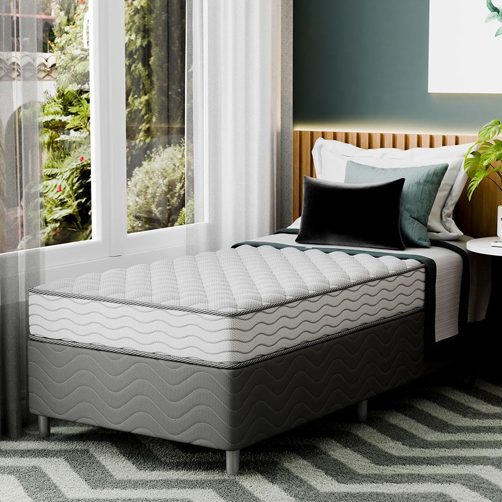 Cama Box com Colchão Solteirão Howie Espuma D28 (17x108x198) Branco e Cinza em Oferta na Shopee