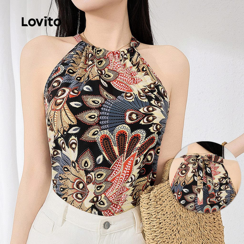 Lovito Boho Tribal Print Tie Back Primavera/Verão Regata Multicolor Para Mulheres L134ED383 - Women Clothes