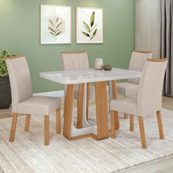 Conjunto Sala de Jantar Mesa Easy Pop 120x80cm Tampo MDF 40mm com 4 Cadeiras Confort Boucle Bege Amêndoa/Off White