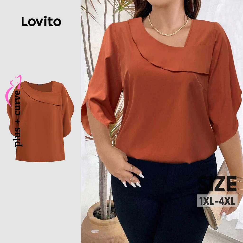 Lovito Blusa Plus Size Curva Casual Lisa Assimétrica Verão Primavera Laranja Para Mulheres LBL25045 - Women Clothes