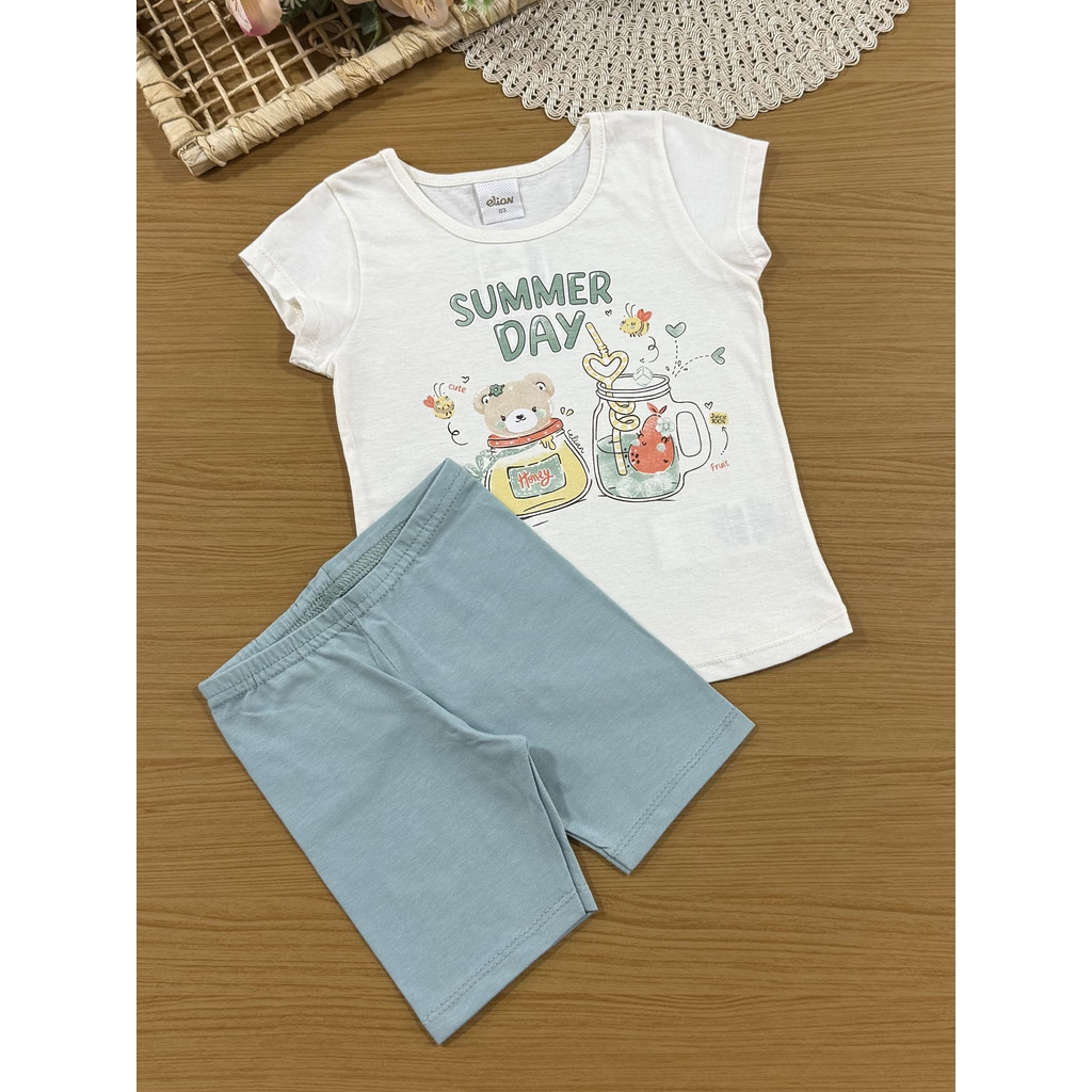 Conjunto Infantil Menina Elian com Shorts Ciclista Verde e Blusa Branca Ursinho Summer