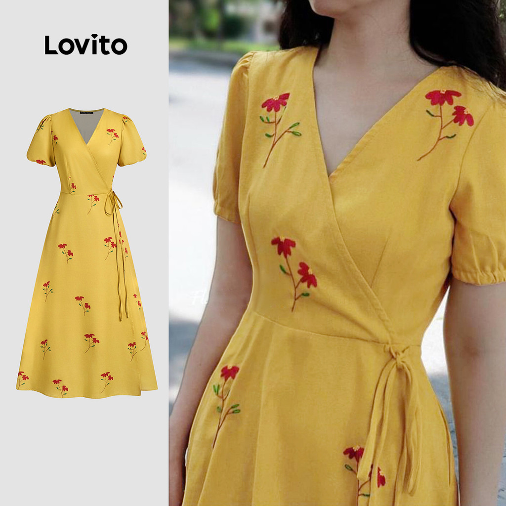 Lovito Vestido Casual Floral Com Cadarço Assimétrico Verão Primavera Amarelo Para Mulheres LBL25291 - Women Clothes