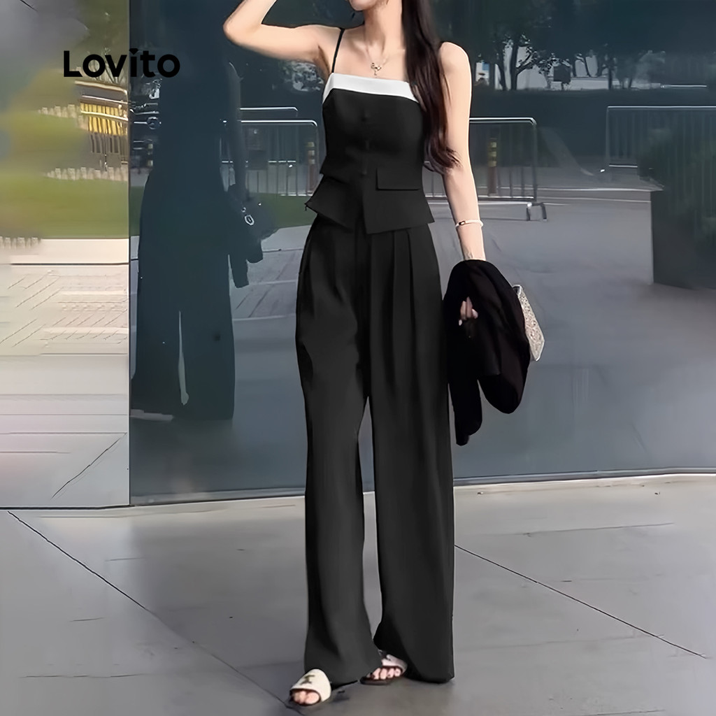 Detalhes do (Trendy) Lovito Regata Elegante Patchwork Colorblock Com Botão Para Mulheres L132ED241