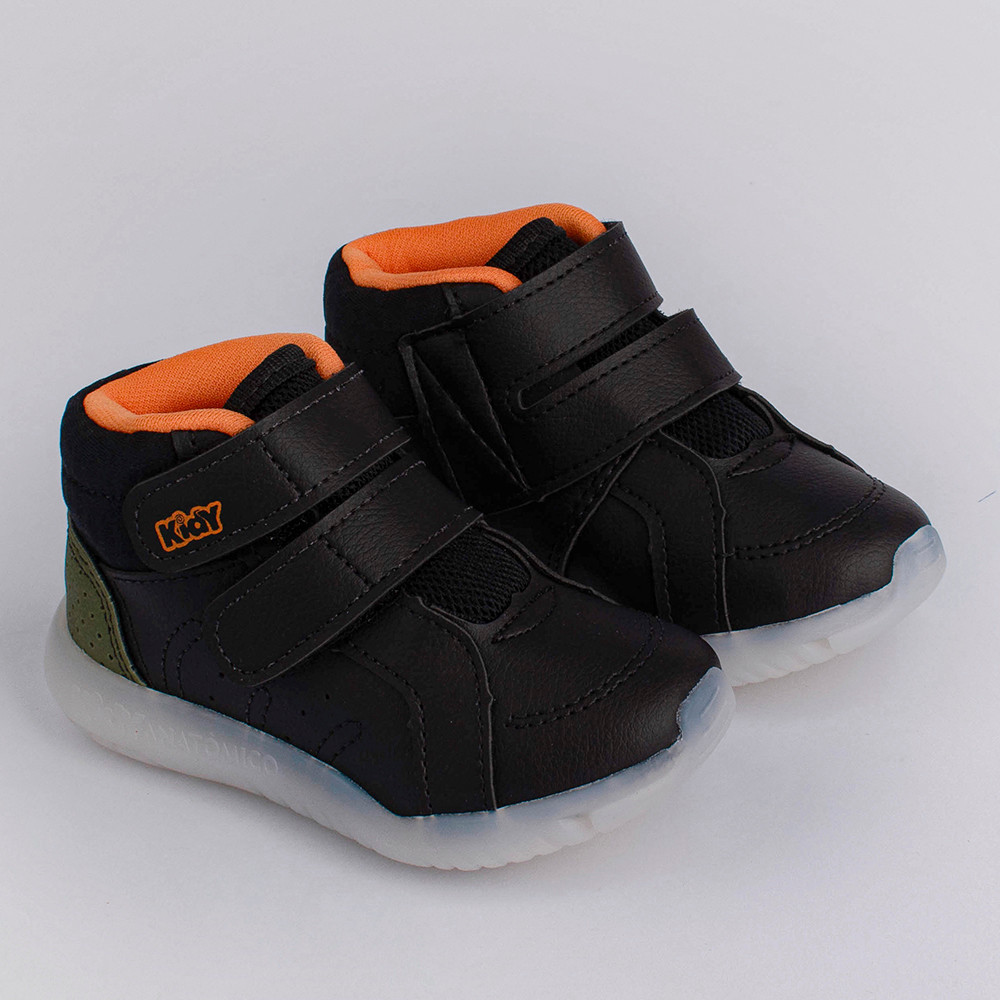 Tênis Infantil Menino Kidy Flex Ligth Cano Médio Botinha Velcro Luzinha de LED Confortável Casual