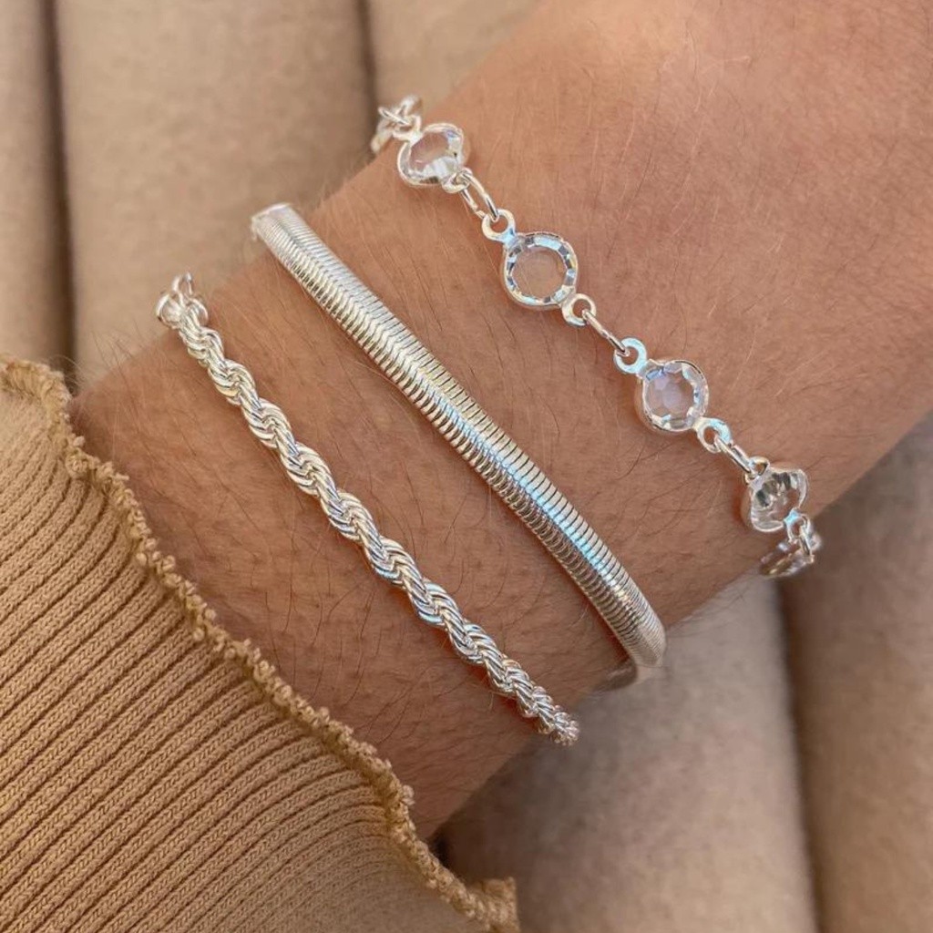 Trio Pulseira Cordão Baiano Maleável Tifani Cristal A Prata 925 em Oferta na Shopee