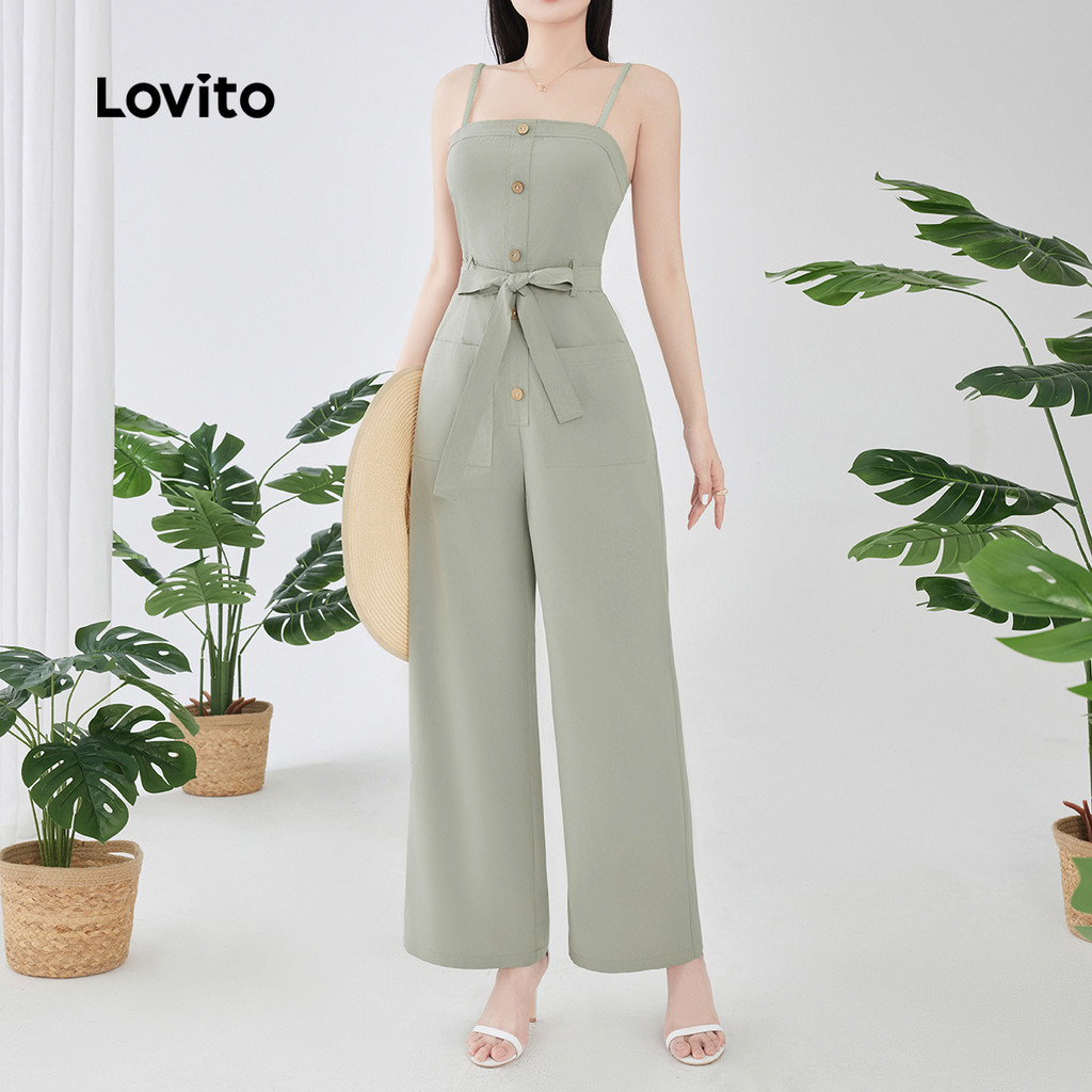 Detalhes do Lovito Macacão Feminino Casual Bolso Botão Cinto Verão Primavera Cinza Verde L134LD283