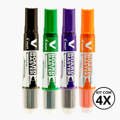 Kit com 4 Marcadores Para Quadro Branco V Board Master - PILOT KITS:PRETO+VERDE+VIOLETA+LARANJA