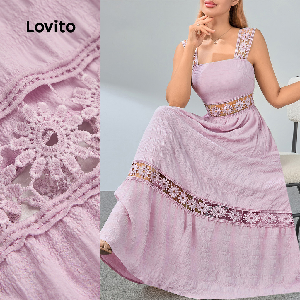 (Lovito Refine) Vestido Boho Floral Braid Hollow Folho Roxo Claro Para Mulheres LR11LD027 em Oferta na Shopee