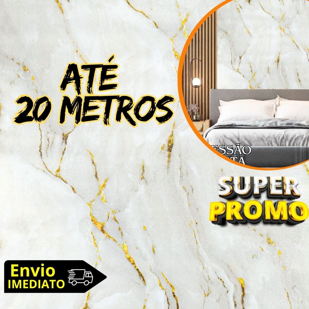 Papel de Parede Marmorizado Adesivo Dourado 5 Metros Mármore Branco Envelopamento Autocola...