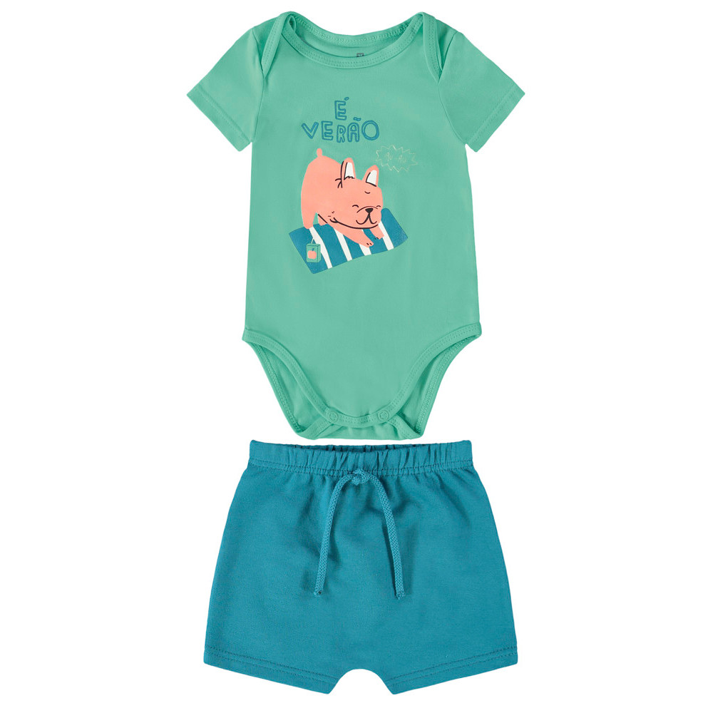CONJUNTO INFANTIL MENINO BODY E BERMUDA EM MOLETINHO MALWEE KIDS VERDE