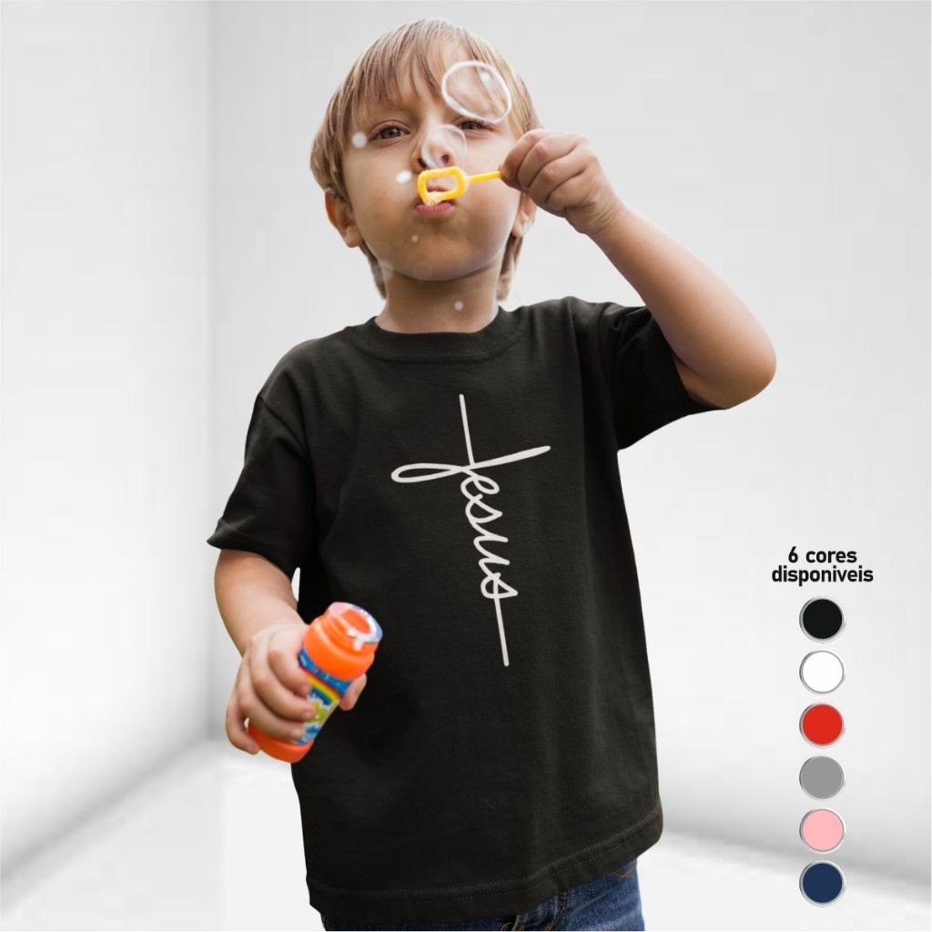 Camiseta Infantil Masculina Jesus Camisa Juvenil Catolica Criança Manga Curta 100% Algodão