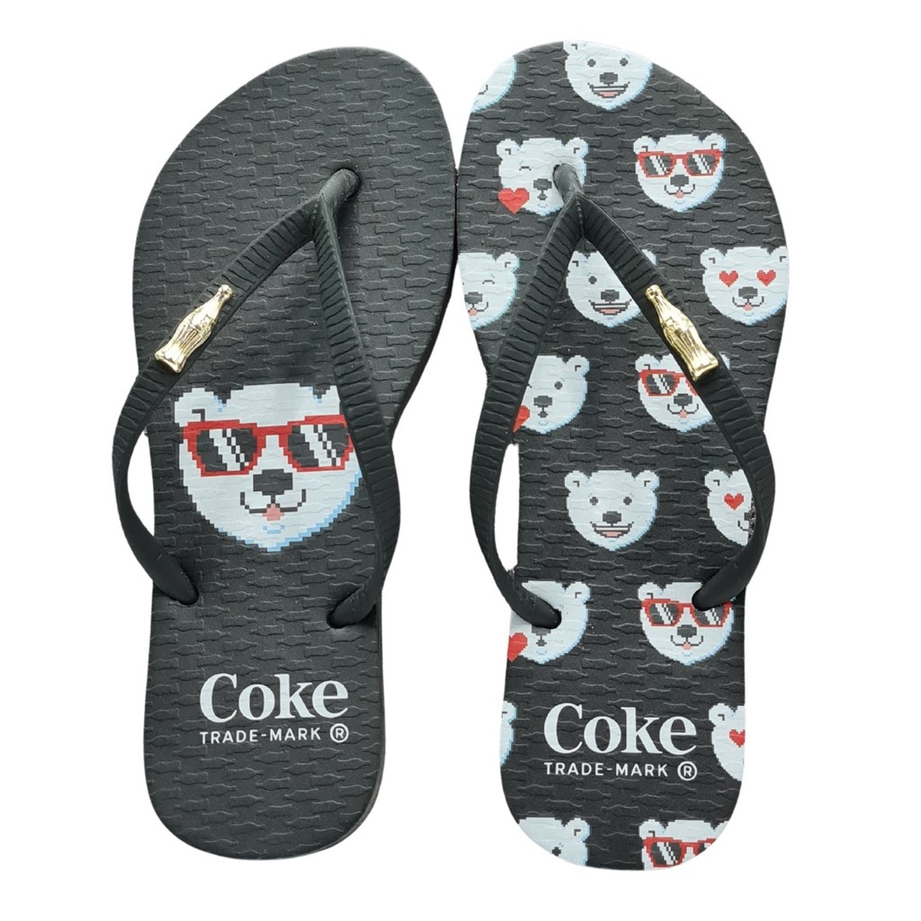 Chinelo Coca-Cola Urso Polar Bear Coke Trade Logo CC4672 Feminino Preto Branco