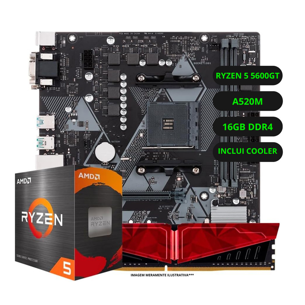 Kit Upgrade AMD Ryzen 5 5600GT Vega 8 Placa Mãe A520 Memória Ram 16GB DDR4