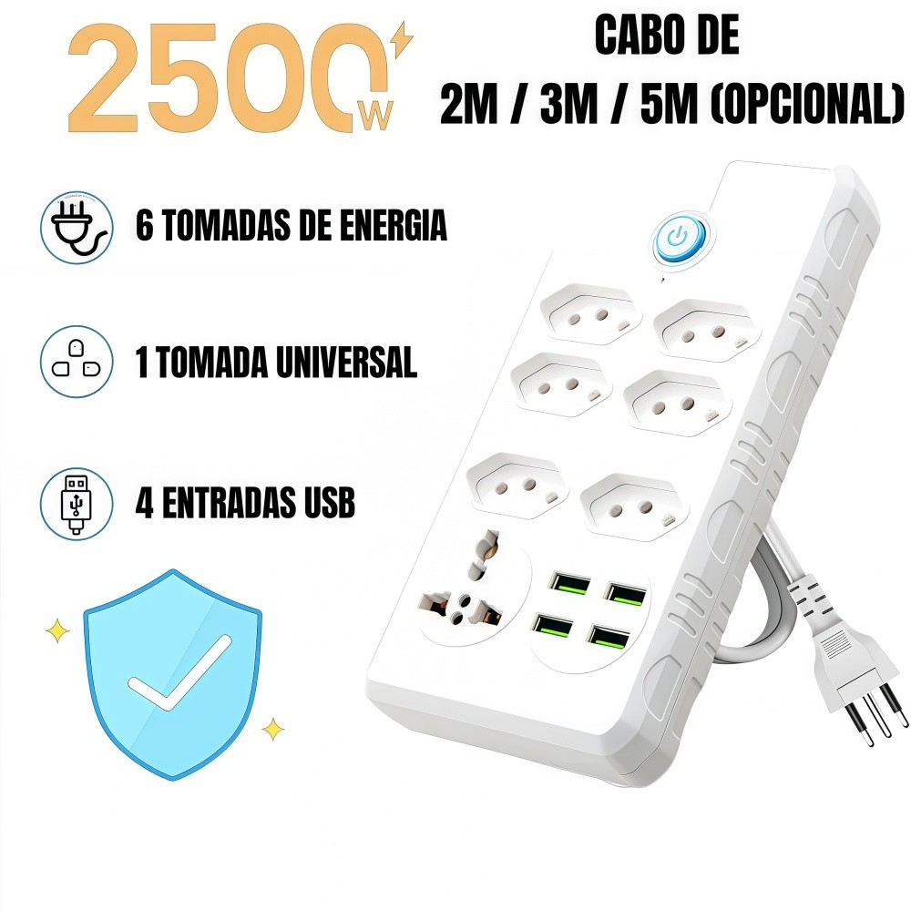 Extensão Elétrica 7 Tomadas Bivolt com 4 Portas USB, Cabo 2/3/5m – Prática e Segura