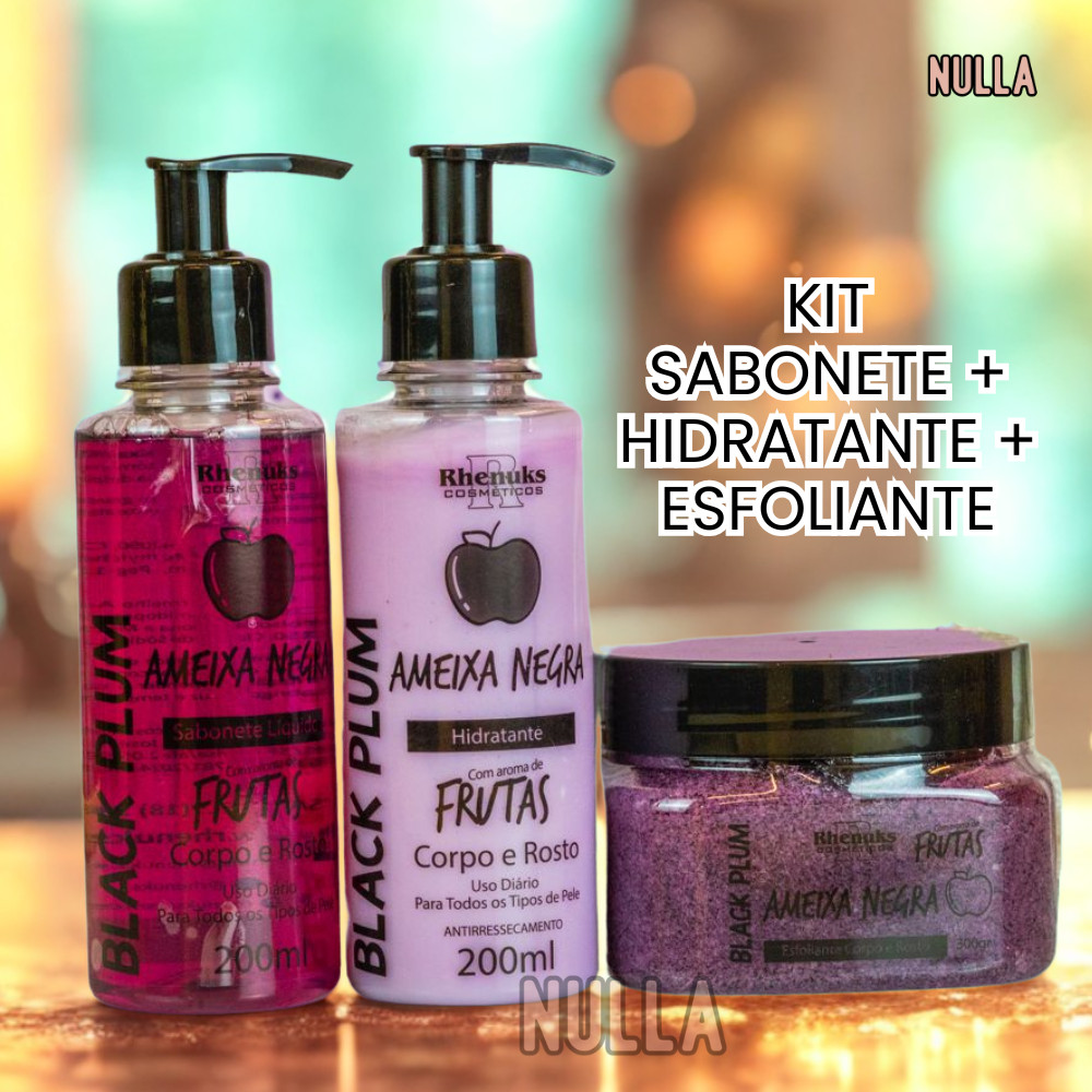 KIT SABONETE + HIDRATANTE + ESFOLIANTE AMEIXA CORPO E ROSTO RHENUKS em Oferta na Shopee