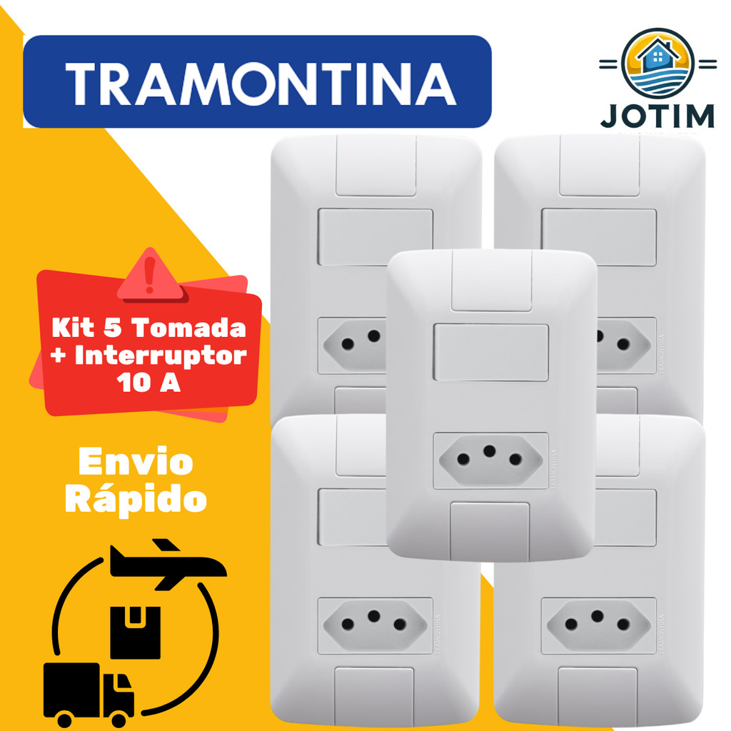 Kit 5 Tomadas com Interruptor 10A + Tecla 6A Aria Tramontina em Oferta na Shopee