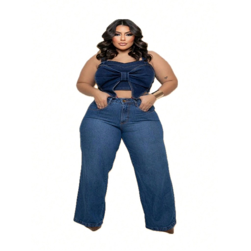 Calça Wide Leg Plus size Pantalona jeans Feminina lisa escura