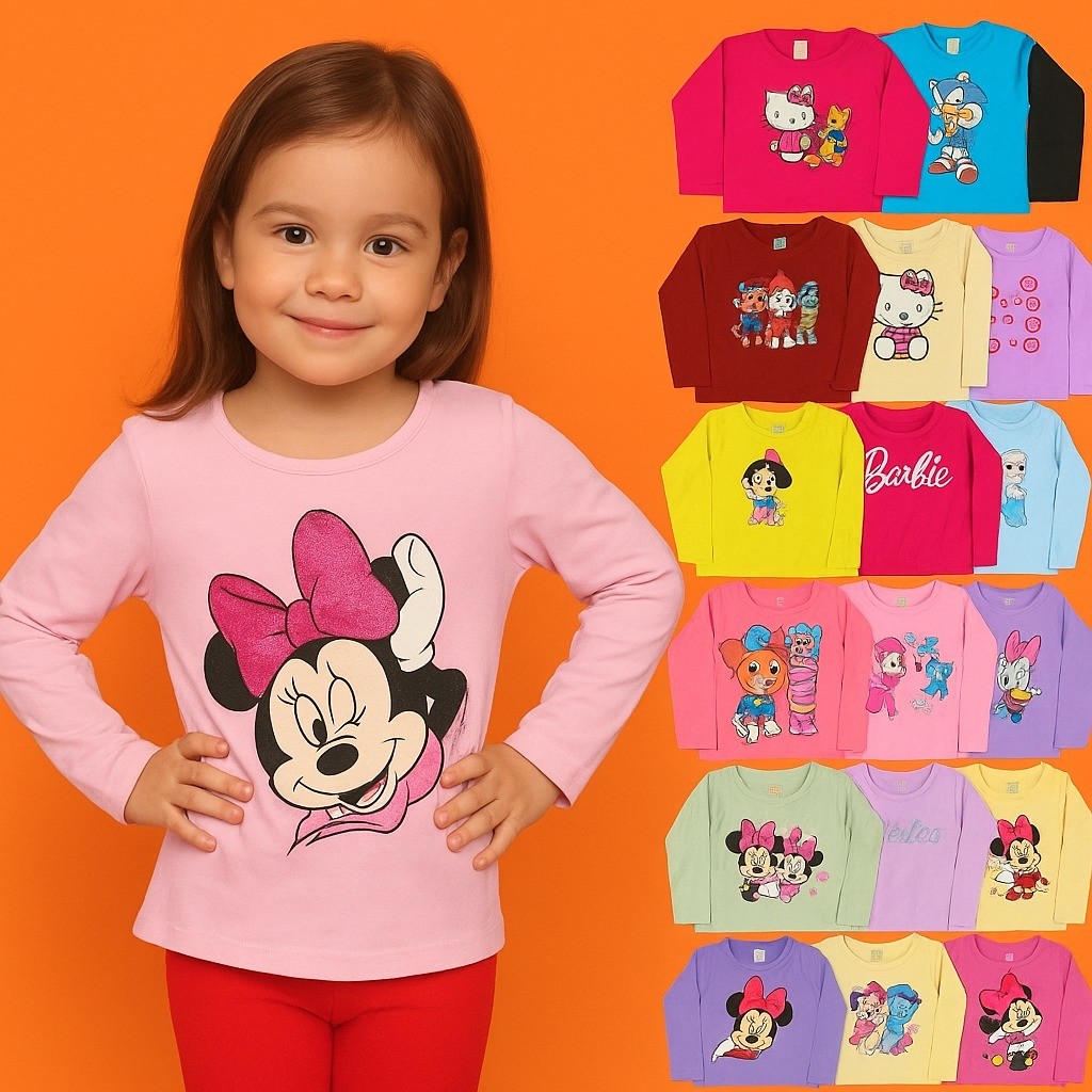 Kit 5 Camisetas Blusinha Manga Longa de Algodão Infantil Menina Meia Estação 1 ao 8 anos