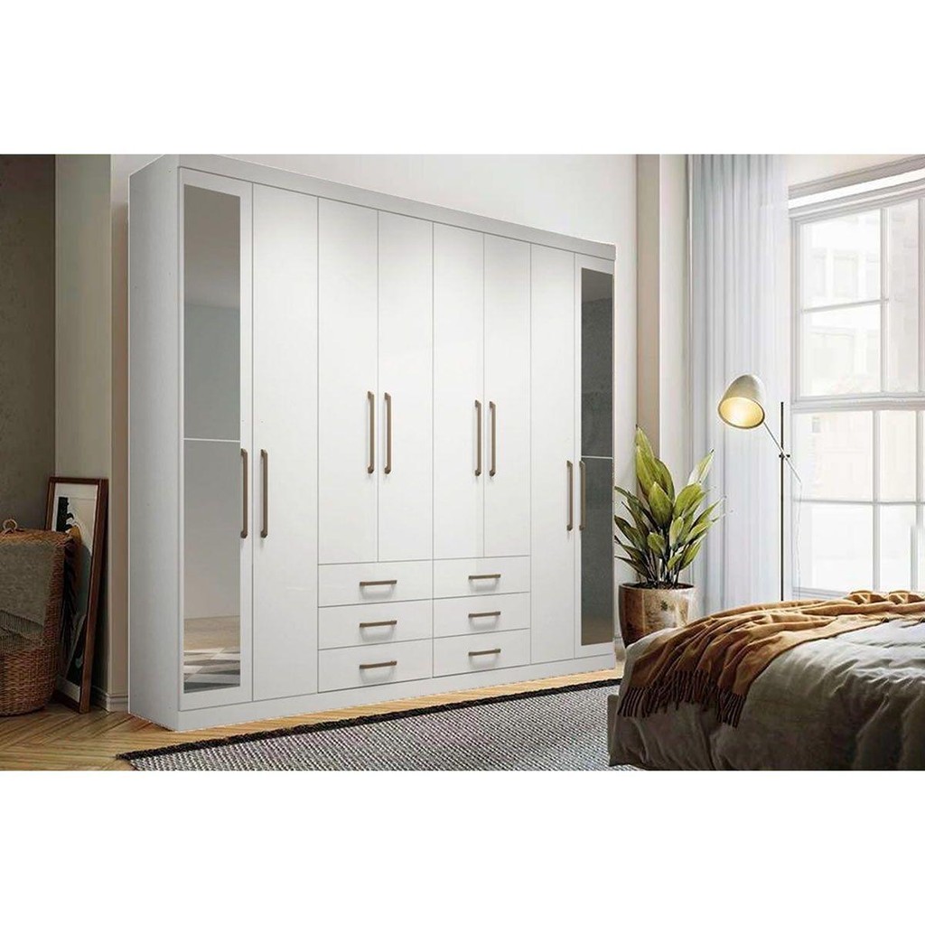 Guarda Roupa Casal 8 Portas (2 c/ Espelho) e 6 Gavetas Master 8.6 Branco - Santos Andirá