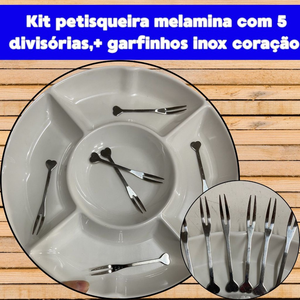 Kit Petisqueira Melanina e 6 Garfos Para Petiscos Coração Inox