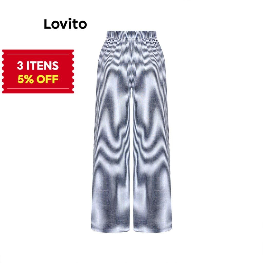(Trendy) Lovito Calça Casual Listrada Com Cordão E Tecido Texturizado Para Mulheres L93AD016 (Multicolorido)