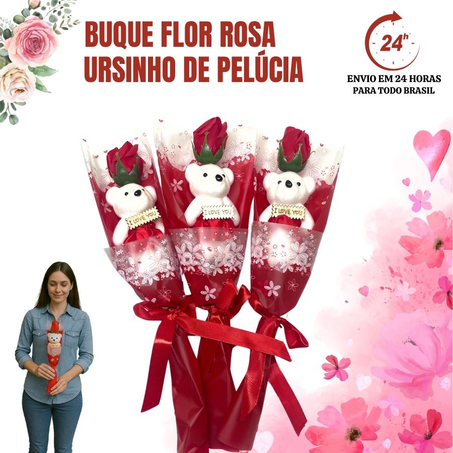 Buquê Botão de Rosa com Ursinho Flor Artificial, Criativos, Fofos, Presentes de Casamento, Namorados