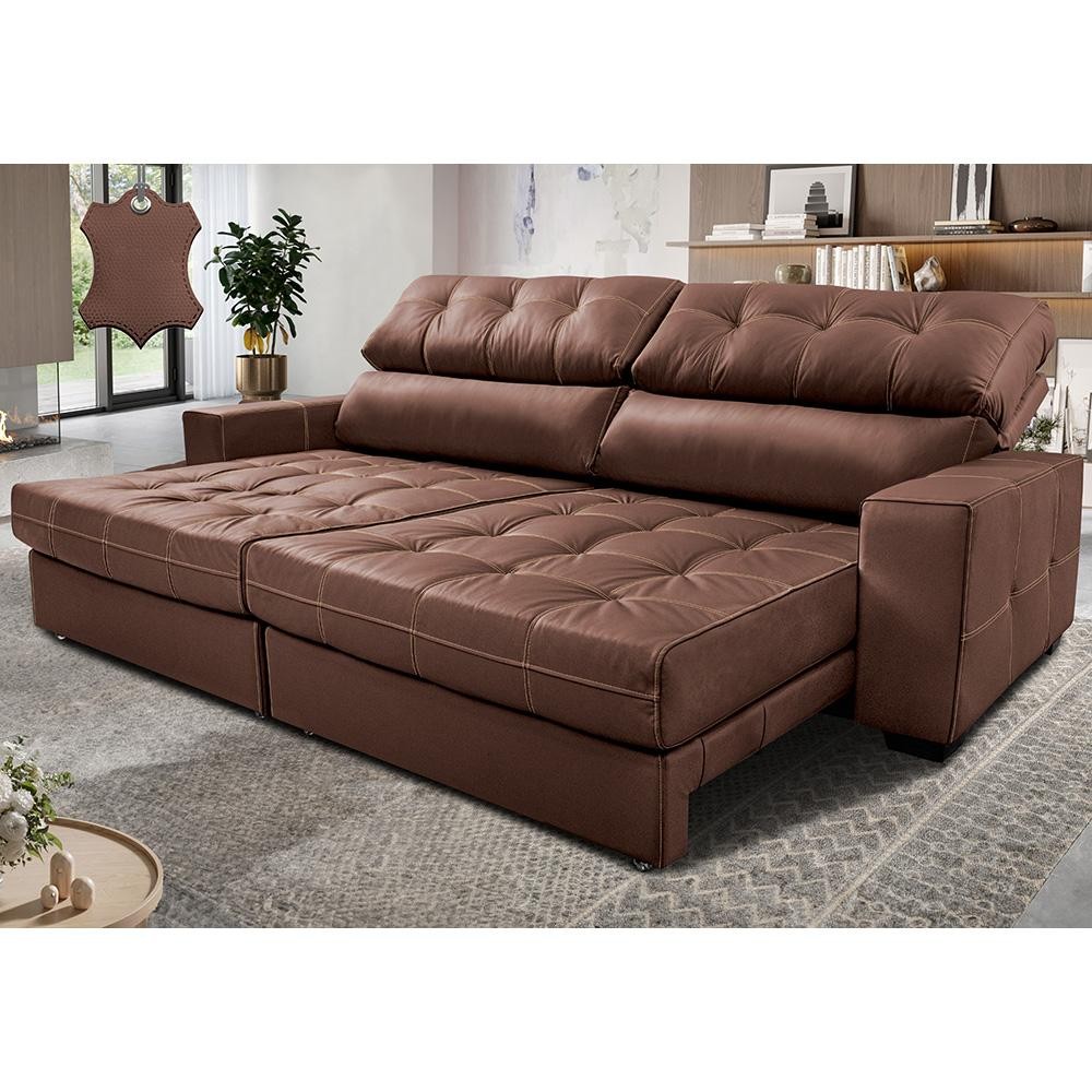 Sofá de Couro Legítimo Retrátil e Reclinável 2,15m Molas Ensacadas Cama inBox Majesty Caramelo