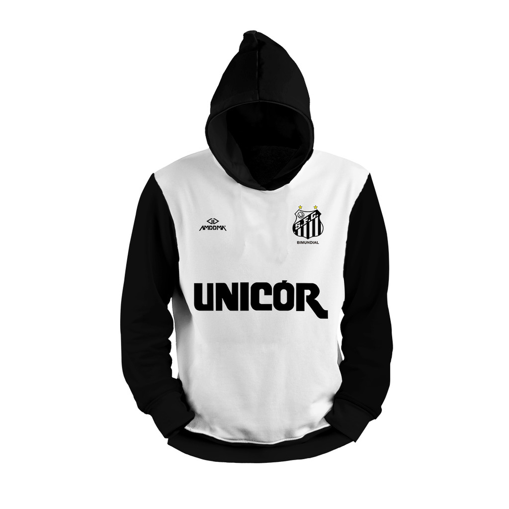 Blusa De Frio Moletom Full Estampa Time Futebol Preto Branco Com Capuz Algodão Casual