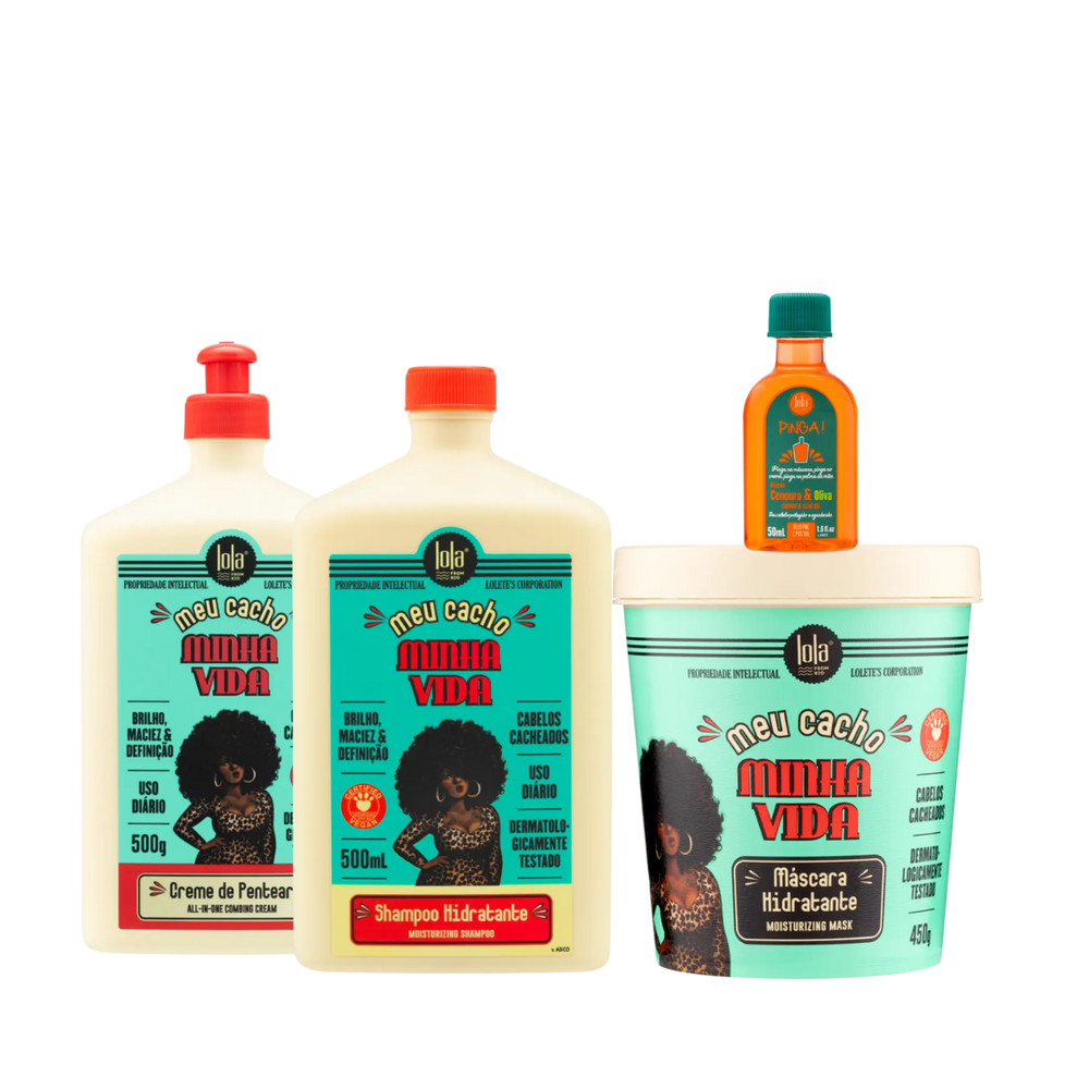 Kit Lola Meu Cacho Minha Vida Sh 500ml + Masc 450ml + Cpp 500ml + Pinga! Óleo Cenoura e Oliva 50ml