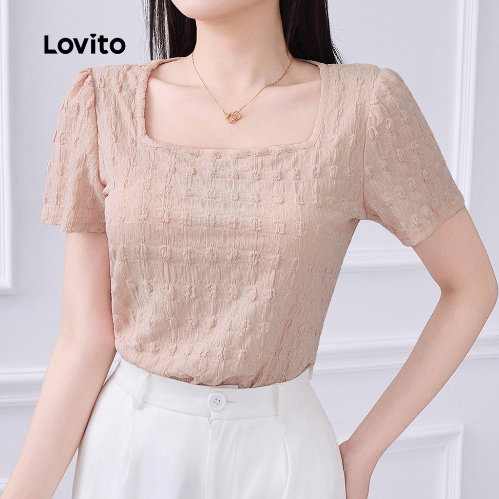 Lovito Camiseta Casual De Textura Lisa Primavera/Verão Rosa Para Mulheres L134LD197 - Women Clothes