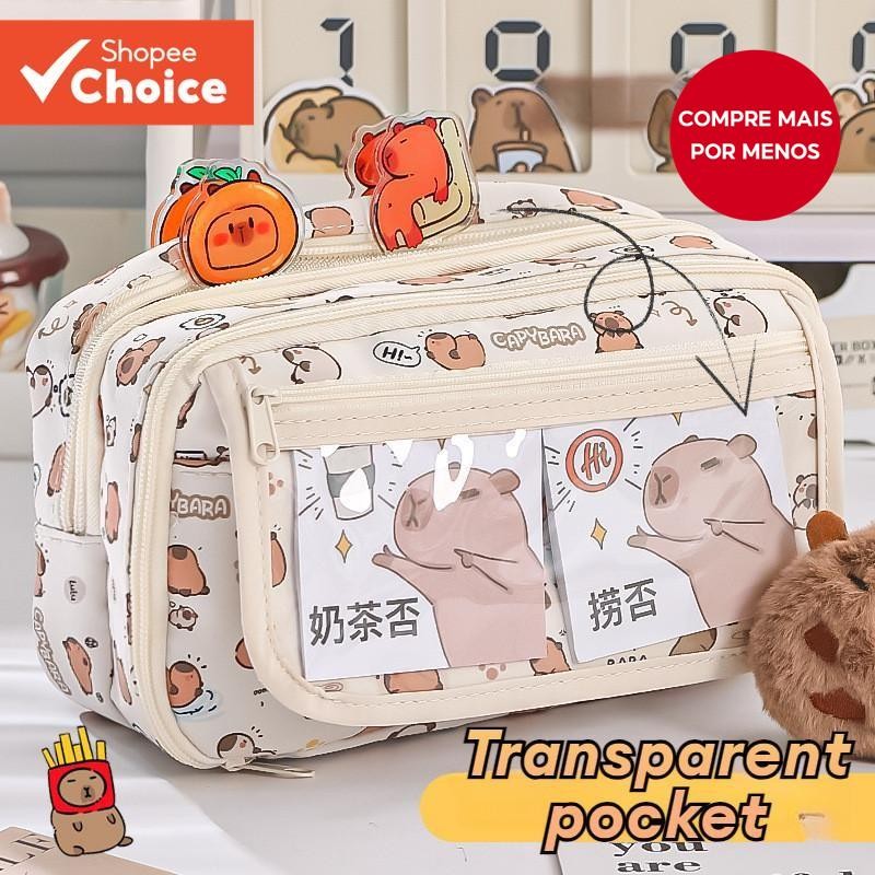 Kawaii Saco Multicamadas Capybara Transparente Para Lápis e Caneta de Grande Capacidade Ma...
