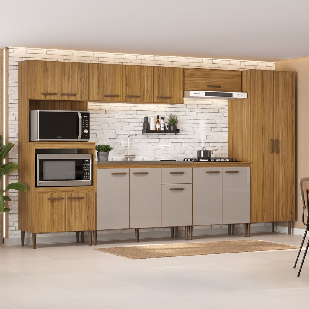 Armário de Cozinha Zella com Balcao para pia e Cooktop 15 Portas 1 Gaveta - Pnr Móveis