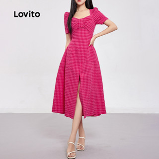 (Trendy) Lovito Vestido Elegante Xadrez Franzido Para Mulheres LBL24201 em Oferta na Shopee