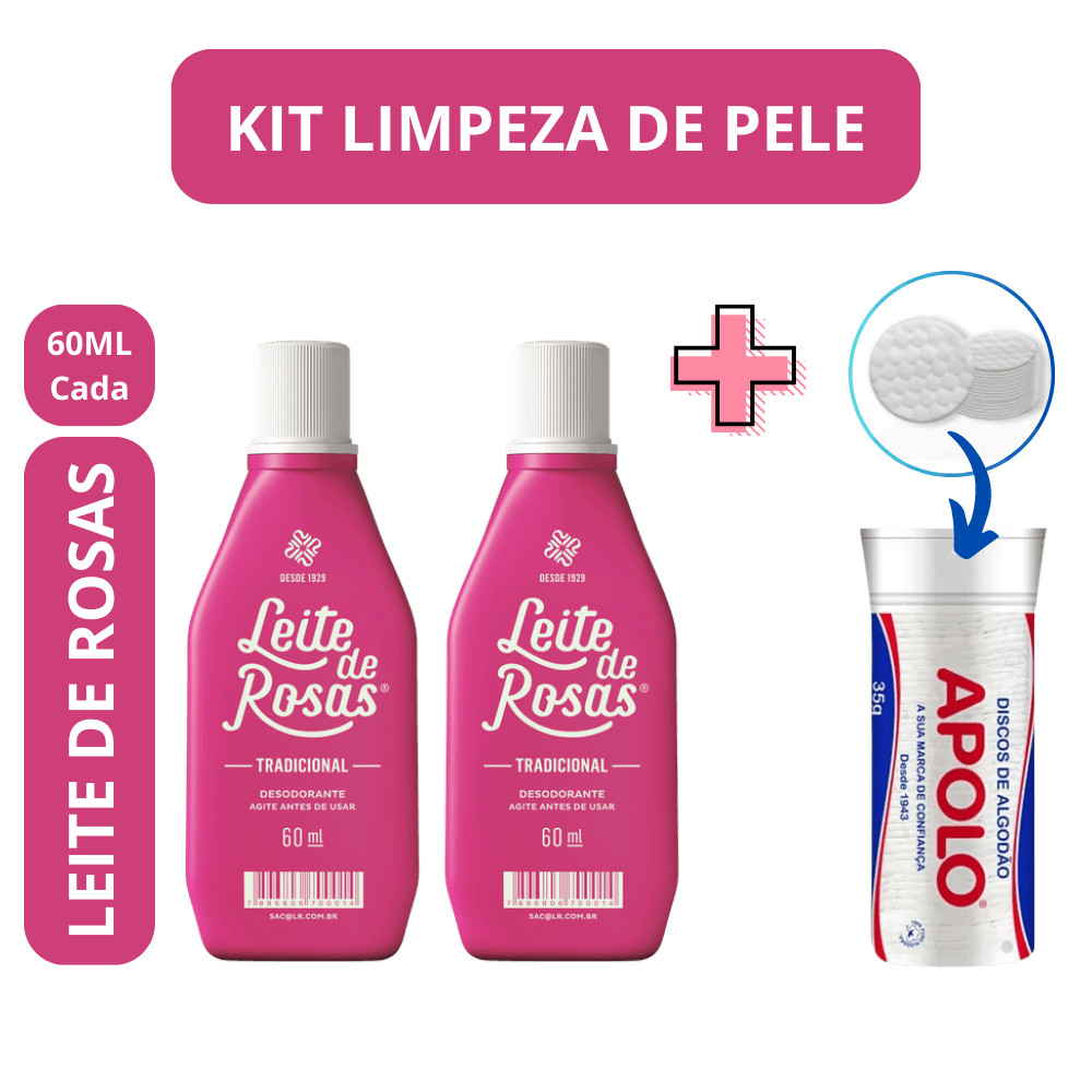 Kit 02 Leite de Rosas 60ml + 01 Discos de Algodão 35g Apolo Kit Facial Limpeza Pele Cuidados Diarios