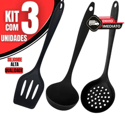 Kit 3 Utensílios de Silicone Para Cozinha – Concha, Escumadeira e Espátula Alta Qualidade