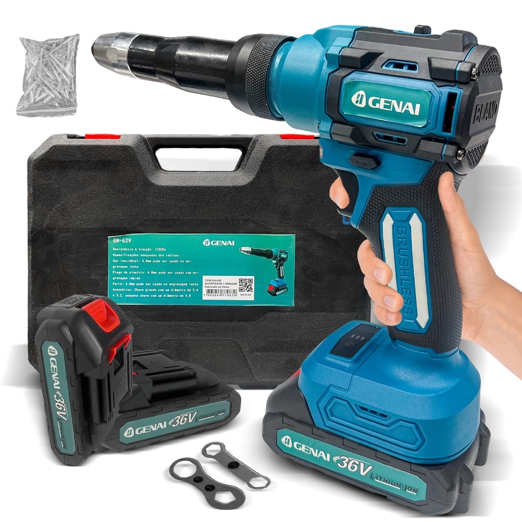 Rebitador a Bateria 36V para Oficinas e Indústrias - Kit com 2 Baterias + 100 Rebites em Oferta na Shopee